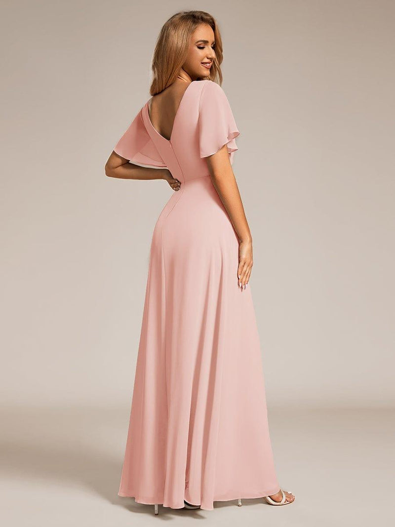 ever LINDEN|High Slit V-Neck Chiffon High Waist Bridesmaid Dress with Ruffle Sleeve
