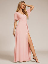 ever LINDEN|High Slit V-Neck Chiffon High Waist Bridesmaid Dress with Ruffle Sleeve