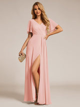 ever LINDEN|High Slit V-Neck Chiffon High Waist Bridesmaid Dress with Ruffle Sleeve
