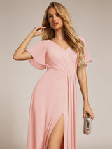 ever LINDEN|High Slit V-Neck Chiffon High Waist Bridesmaid Dress with Ruffle Sleeve