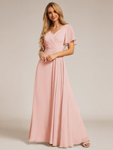ever LINDEN|High Slit V-Neck Chiffon High Waist Bridesmaid Dress with Ruffle Sleeve