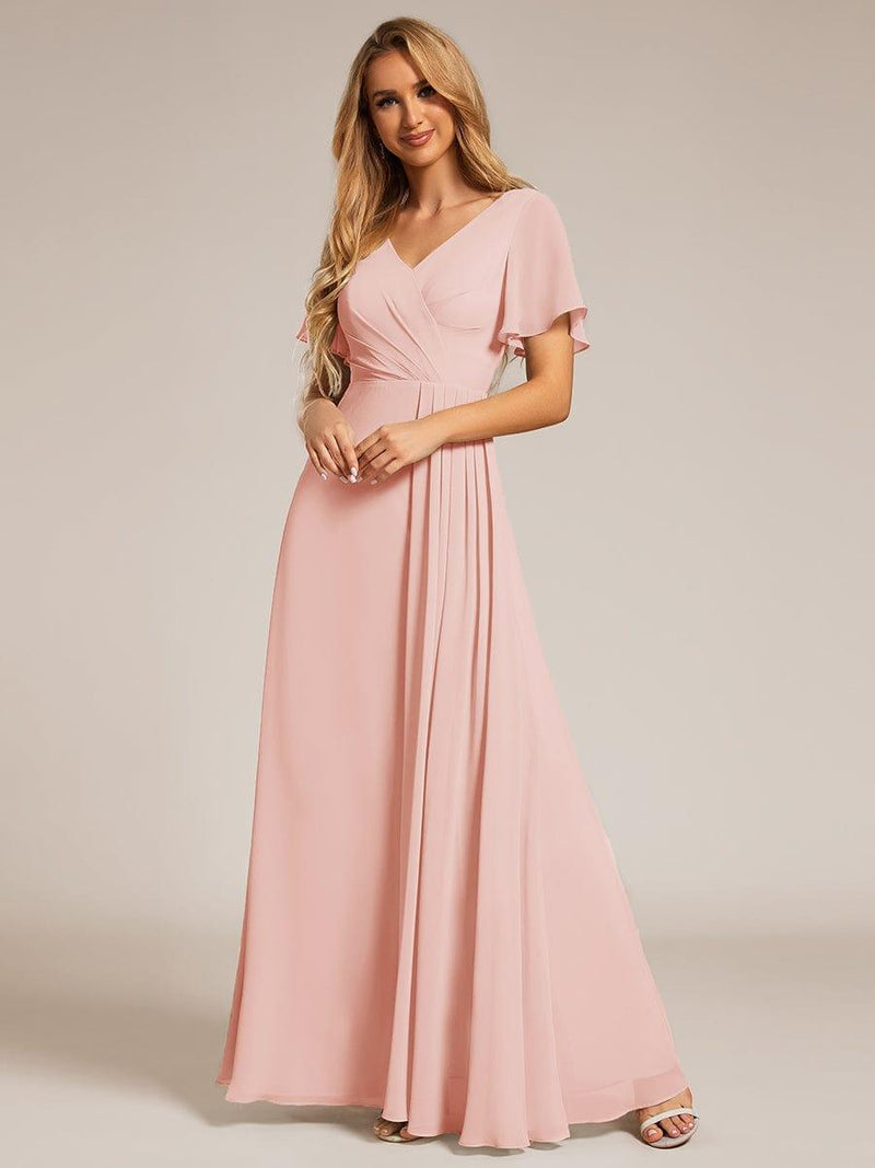 ever LINDEN|High Slit V-Neck Chiffon High Waist Bridesmaid Dress with Ruffle Sleeve