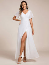 ever LINDEN|High Slit V-Neck Chiffon High Waist Bridesmaid Dress with Ruffle Sleeve