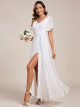 ever LINDEN|High Slit V-Neck Chiffon High Waist Bridesmaid Dress with Ruffle Sleeve