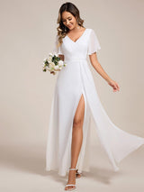 ever LINDEN|High Slit V-Neck Chiffon High Waist Bridesmaid Dress with Ruffle Sleeve