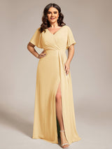 ever LINDEN|High Slit V-Neck Chiffon High Waist Bridesmaid Dress with Ruffle Sleeve