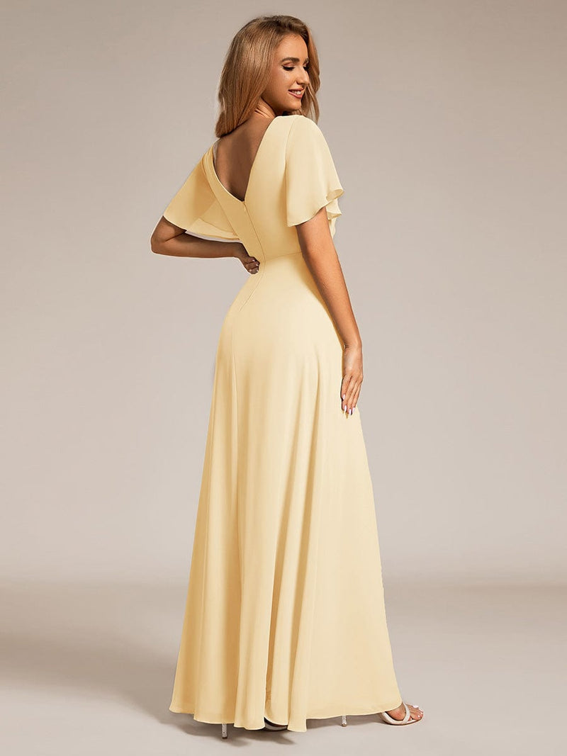 ever LINDEN|High Slit V-Neck Chiffon High Waist Bridesmaid Dress with Ruffle Sleeve