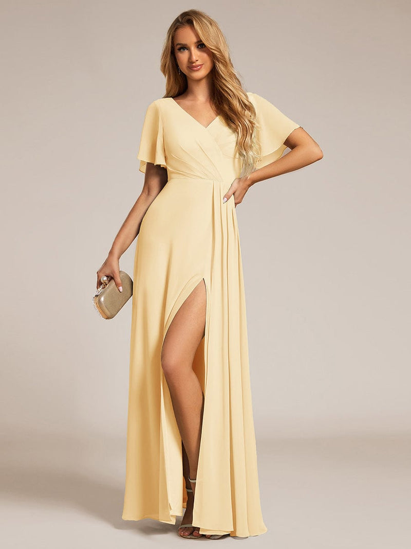 ever LINDEN|High Slit V-Neck Chiffon High Waist Bridesmaid Dress with Ruffle Sleeve