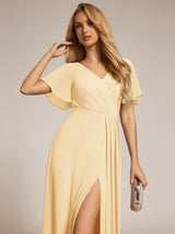 ever LINDEN|High Slit V-Neck Chiffon High Waist Bridesmaid Dress with Ruffle Sleeve