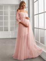 ever CELIA|Sheer Off-Shoulder Double Skirt Maxi Maternity Dress