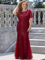ever JADEN|Floral Sequin Maxi Fishtail Tulle Formal Evening Dress with Short Sleeve