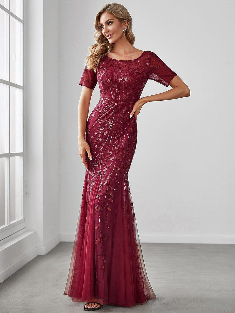 ever JADEN|Floral Sequin Maxi Fishtail Tulle Formal Evening Dress with Short Sleeve