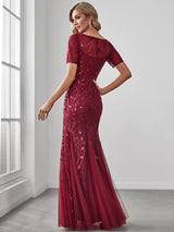 ever JADEN|Floral Sequin Maxi Fishtail Tulle Formal Evening Dress with Short Sleeve