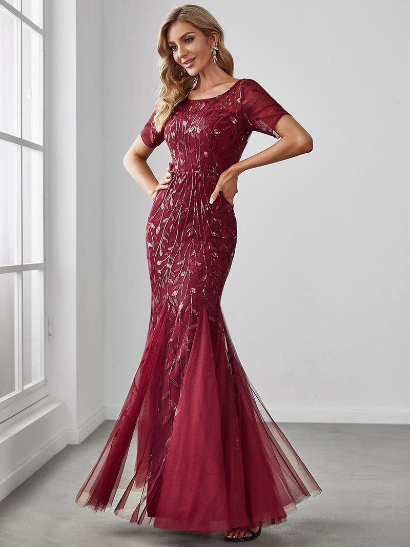 ever JADEN|Floral Sequin Maxi Fishtail Tulle Formal Evening Dress with Short Sleeve