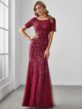 ever JADEN|Floral Sequin Maxi Fishtail Tulle Formal Evening Dress with Short Sleeve