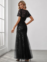 ever JADEN|Floral Sequin Maxi Fishtail Tulle Formal Evening Dress with Short Sleeve