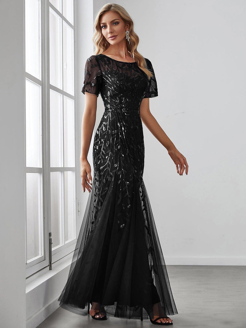 ever JADEN|Floral Sequin Maxi Fishtail Tulle Formal Evening Dress with Short Sleeve