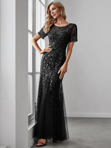 ever JADEN|Floral Sequin Maxi Fishtail Tulle Formal Evening Dress with Short Sleeve