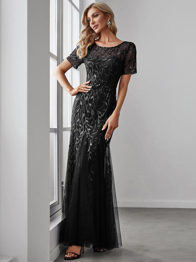 ever JADEN|Floral Sequin Maxi Fishtail Tulle Formal Evening Dress with Short Sleeve