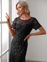 ever JADEN|Floral Sequin Maxi Fishtail Tulle Formal Evening Dress with Short Sleeve