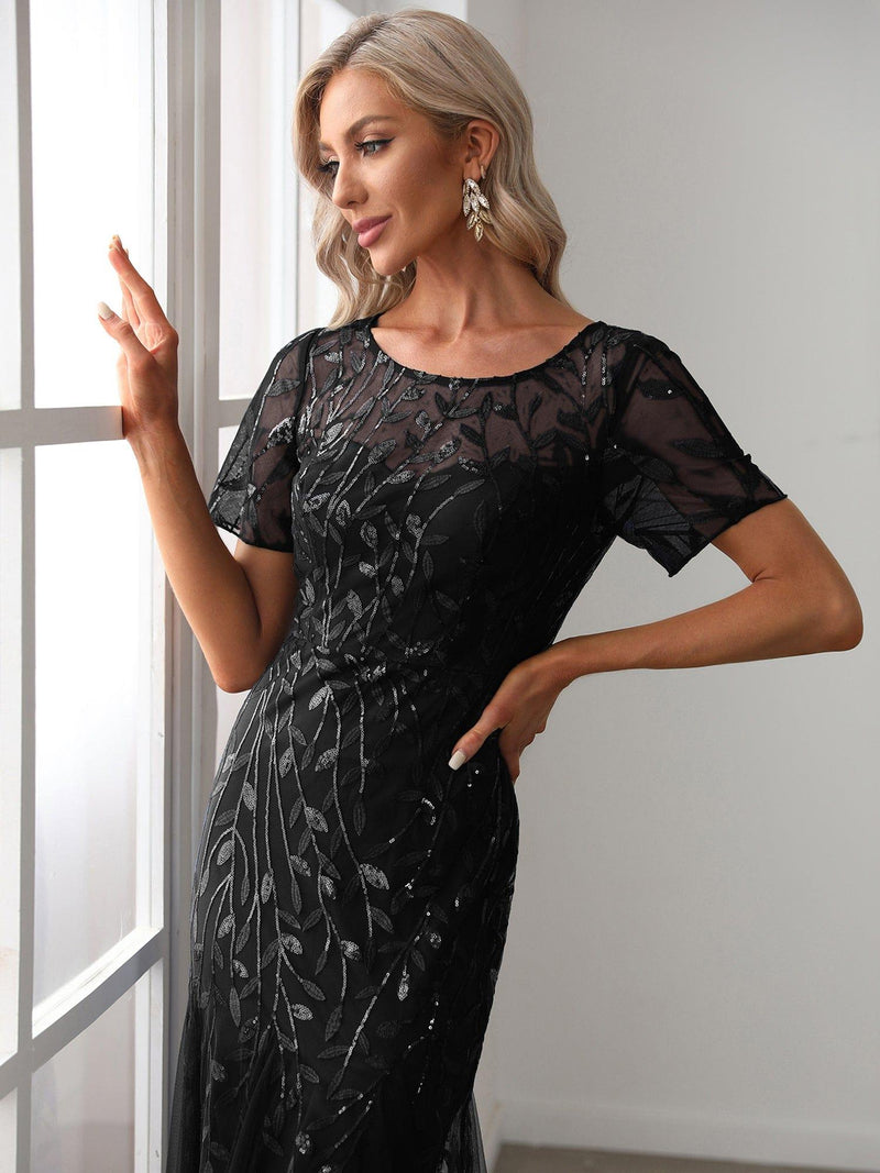 ever JADEN|Floral Sequin Maxi Fishtail Tulle Formal Evening Dress with Short Sleeve