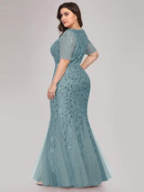 ever JADEN|Floral Sequin Maxi Fishtail Tulle Formal Evening Dress with Short Sleeve