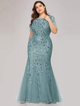 ever JADEN|Floral Sequin Maxi Fishtail Tulle Formal Evening Dress with Short Sleeve