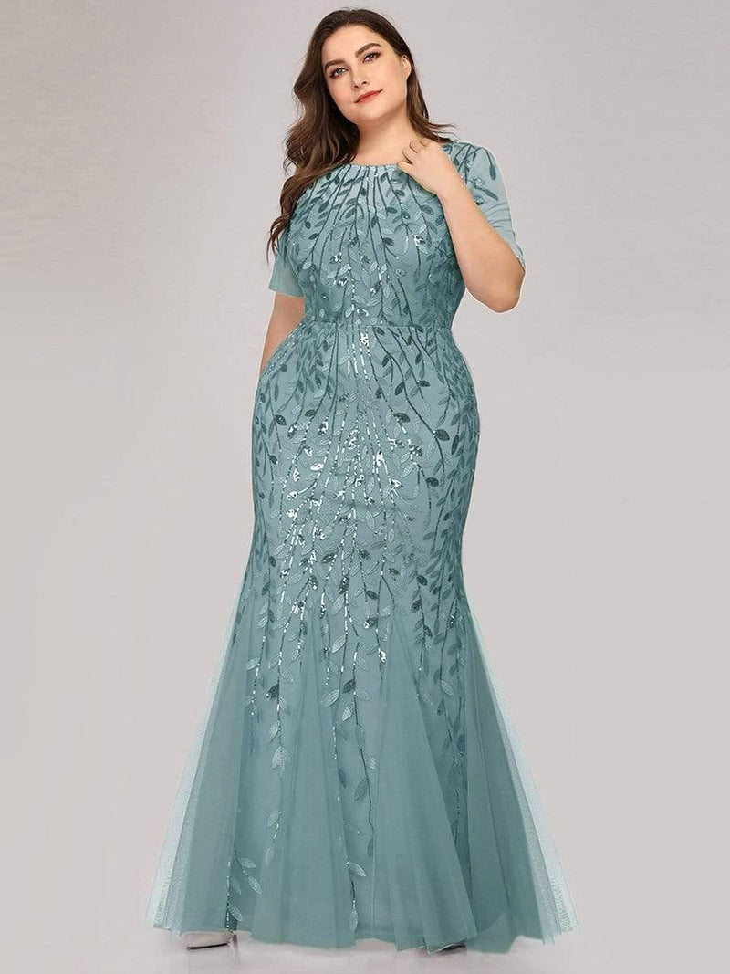 ever JADEN|Floral Sequin Maxi Fishtail Tulle Formal Evening Dress with Short Sleeve