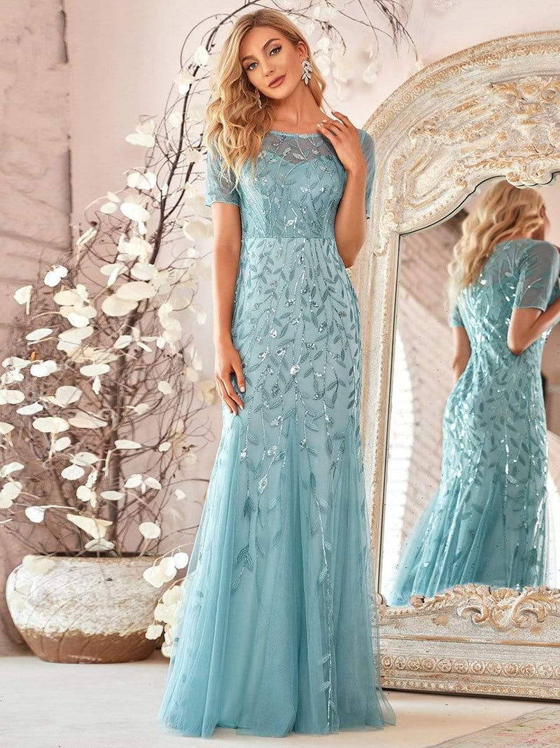 ever JADEN|Floral Sequin Maxi Fishtail Tulle Formal Evening Dress with Short Sleeve
