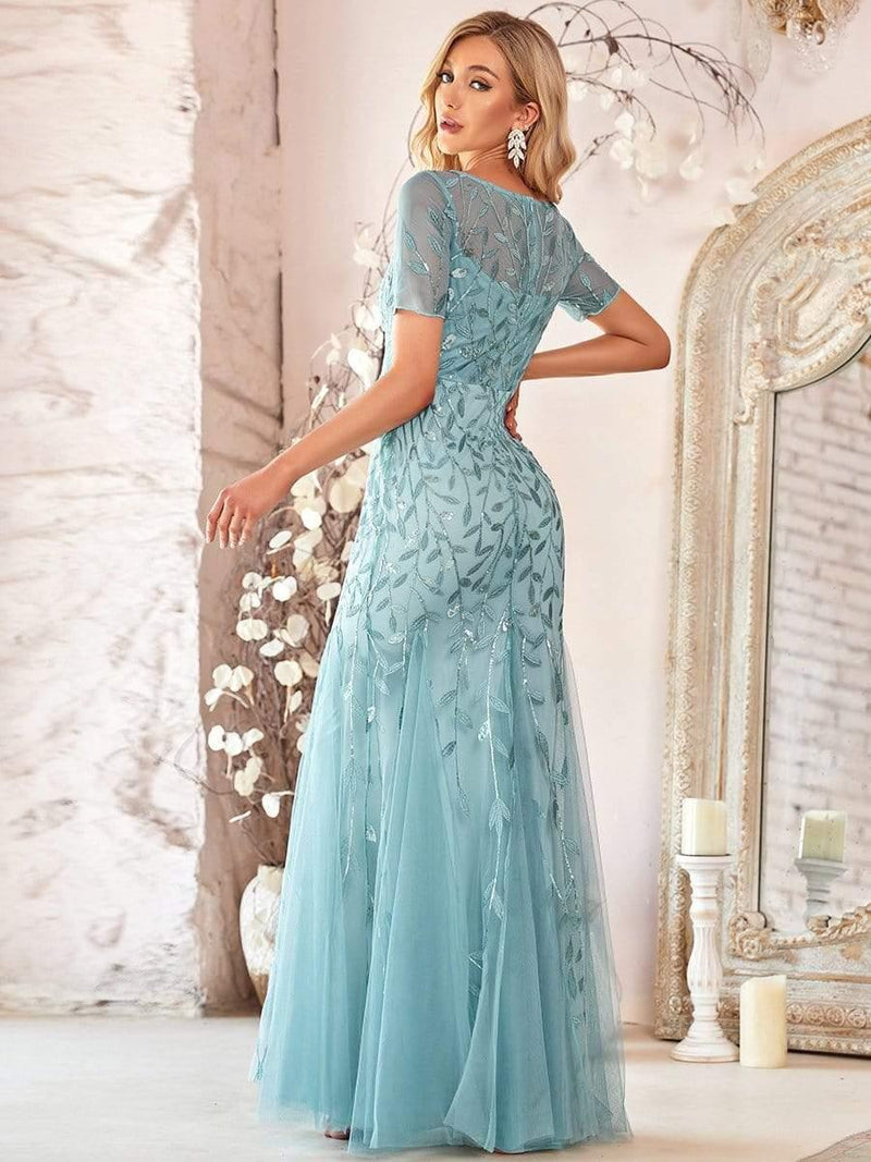 ever JADEN|Floral Sequin Maxi Fishtail Tulle Formal Evening Dress with Short Sleeve