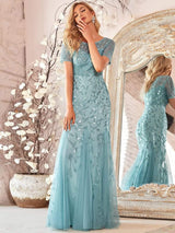 ever JADEN|Floral Sequin Maxi Fishtail Tulle Formal Evening Dress with Short Sleeve