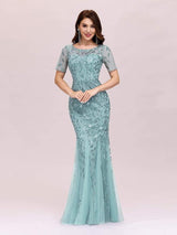 ever JADEN|Floral Sequin Maxi Fishtail Tulle Formal Evening Dress with Short Sleeve