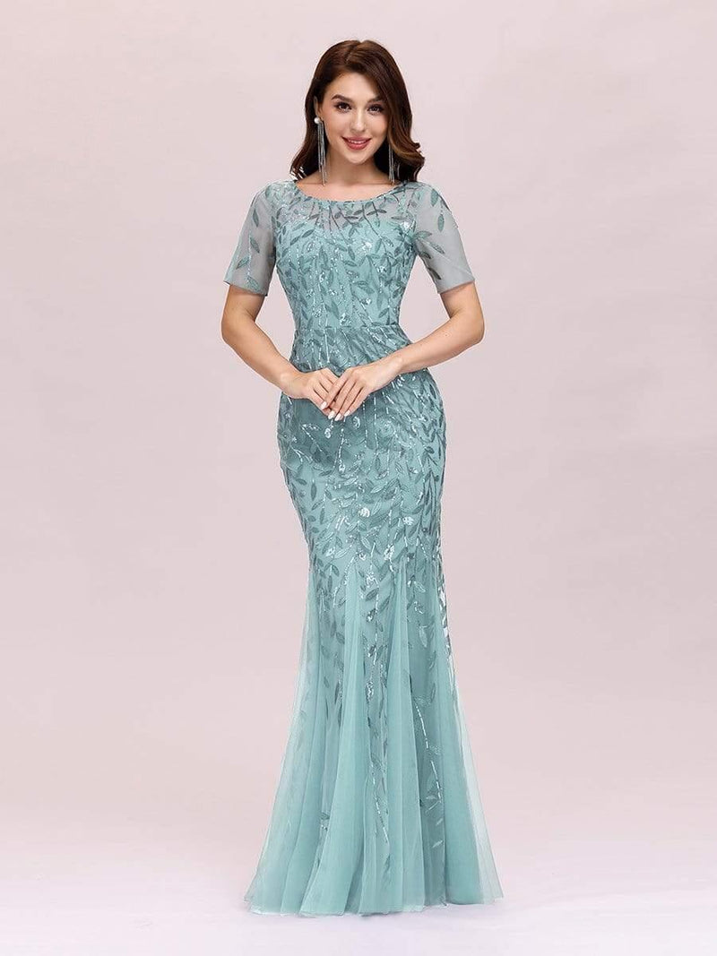 ever JADEN|Floral Sequin Maxi Fishtail Tulle Formal Evening Dress with Short Sleeve
