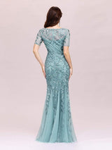 ever JADEN|Floral Sequin Maxi Fishtail Tulle Formal Evening Dress with Short Sleeve