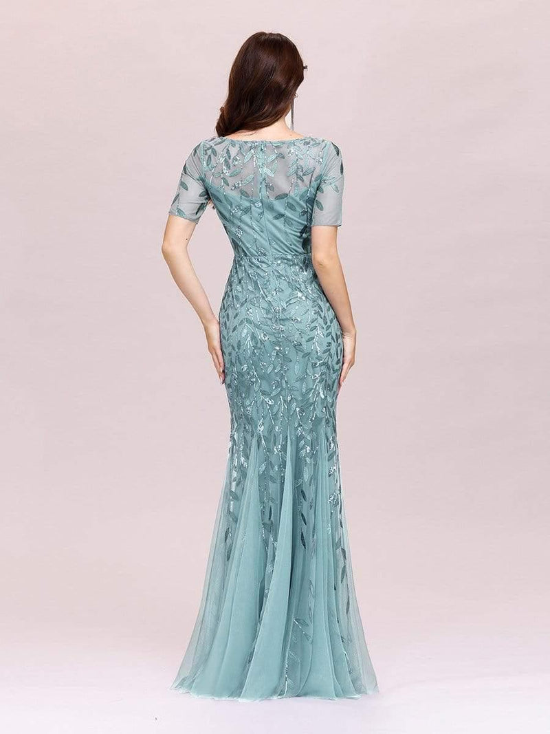 ever JADEN|Floral Sequin Maxi Fishtail Tulle Formal Evening Dress with Short Sleeve