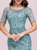 ever JADEN|Floral Sequin Maxi Fishtail Tulle Formal Evening Dress with Short Sleeve