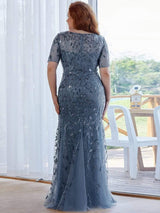 pretty JADEN|Floral Sequin Print Plus Size Mermaid Tulle Evening Dress