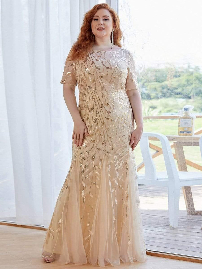 pretty JADEN|Floral Sequin Print Plus Size Mermaid Tulle Evening Dress