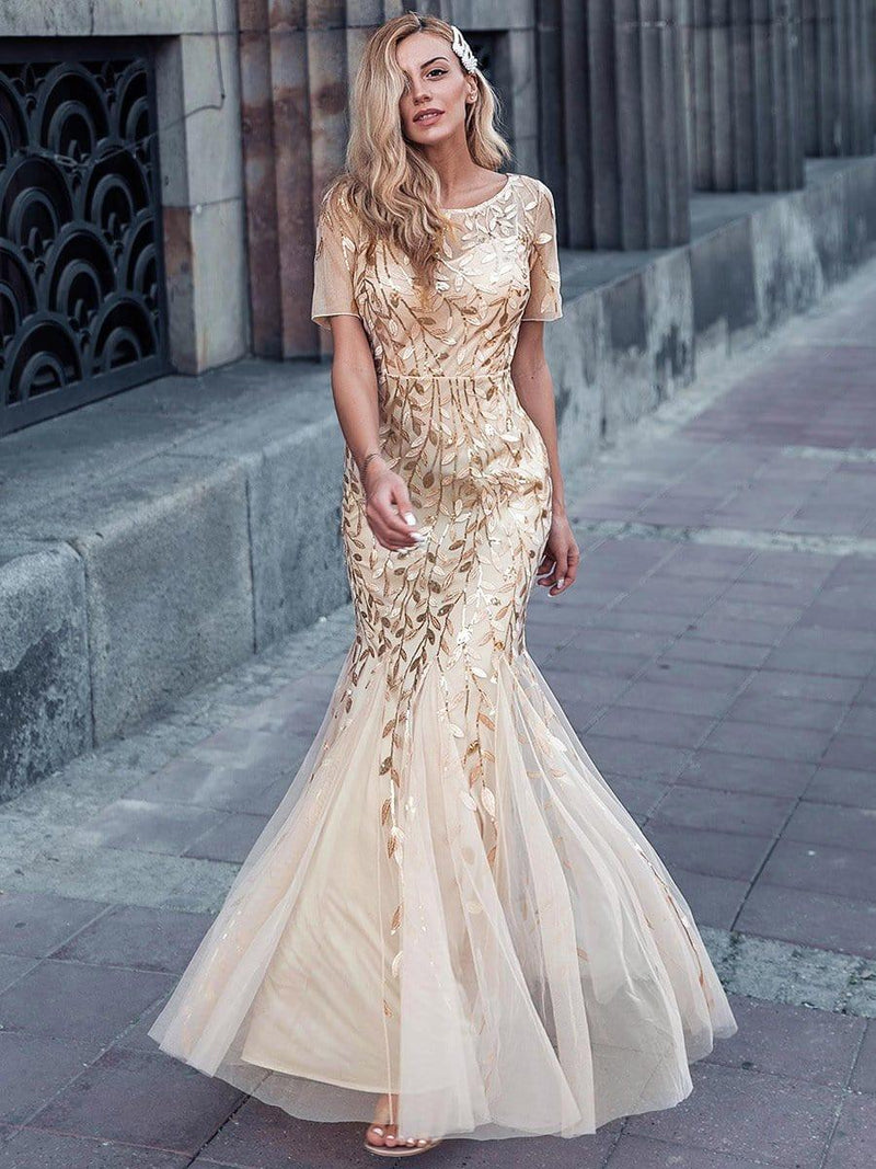 ever JADEN|Floral Sequin Maxi Fishtail Tulle Formal Evening Dress with Short Sleeve