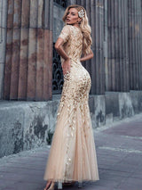 ever JADEN|Floral Sequin Maxi Fishtail Tulle Formal Evening Dress with Short Sleeve