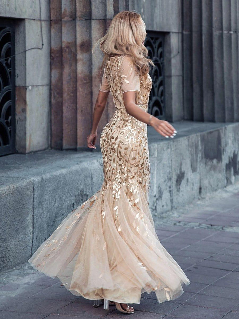 ever JADEN|Floral Sequin Maxi Fishtail Tulle Formal Evening Dress with Short Sleeve