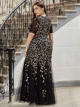ever JADEN|Floral Sequin Maxi Fishtail Tulle Formal Evening Dress with Short Sleeve