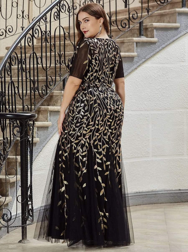 pretty JADEN|Floral Sequin Print Plus Size Mermaid Tulle Evening Dress
