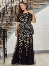 pretty JADEN|Floral Sequin Print Plus Size Mermaid Tulle Evening Dress