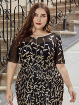 pretty JADEN|Floral Sequin Print Plus Size Mermaid Tulle Evening Dress