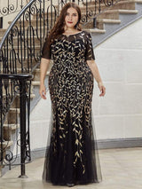 pretty JADEN|Floral Sequin Print Plus Size Mermaid Tulle Evening Dress