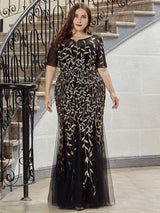 ever JADEN|Floral Sequin Maxi Fishtail Tulle Formal Evening Dress with Short Sleeve