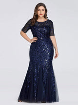ever JADEN|Floral Sequin Maxi Fishtail Tulle Formal Evening Dress with Short Sleeve