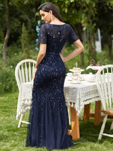 ever JADEN|Floral Sequin Maxi Fishtail Tulle Formal Evening Dress with Short Sleeve