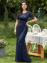ever JADEN|Floral Sequin Maxi Fishtail Tulle Formal Evening Dress with Short Sleeve